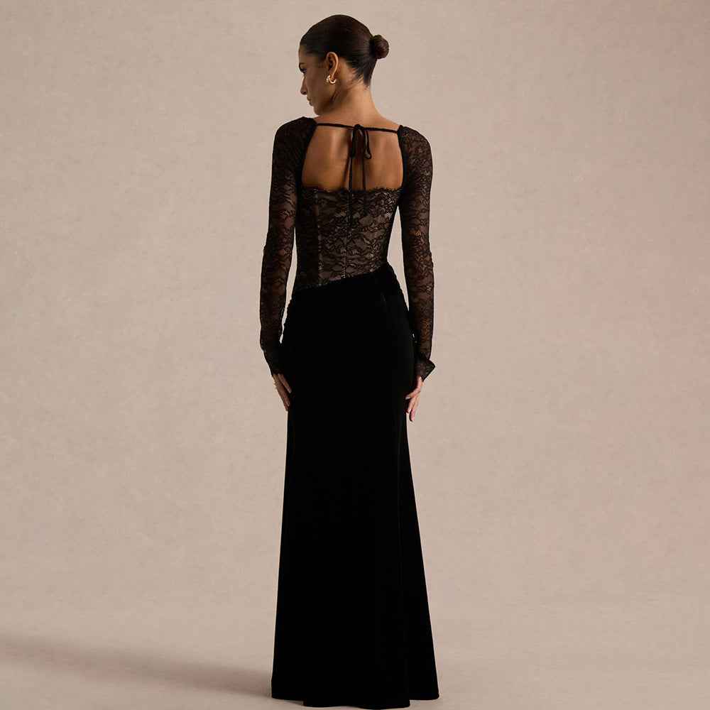 Long-Sleeve Patchwork Lace Demure Dress