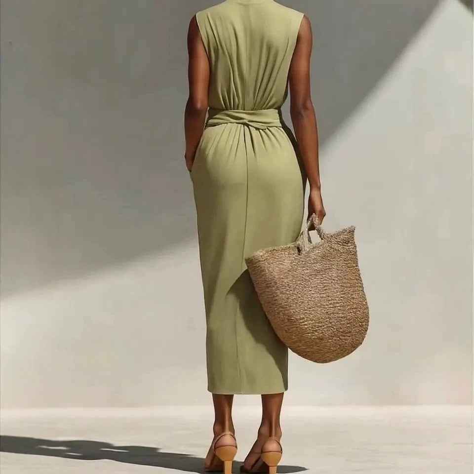 Sleeveless Adjustable-Waist Pleated Linen Slim-Fit Midi Dress