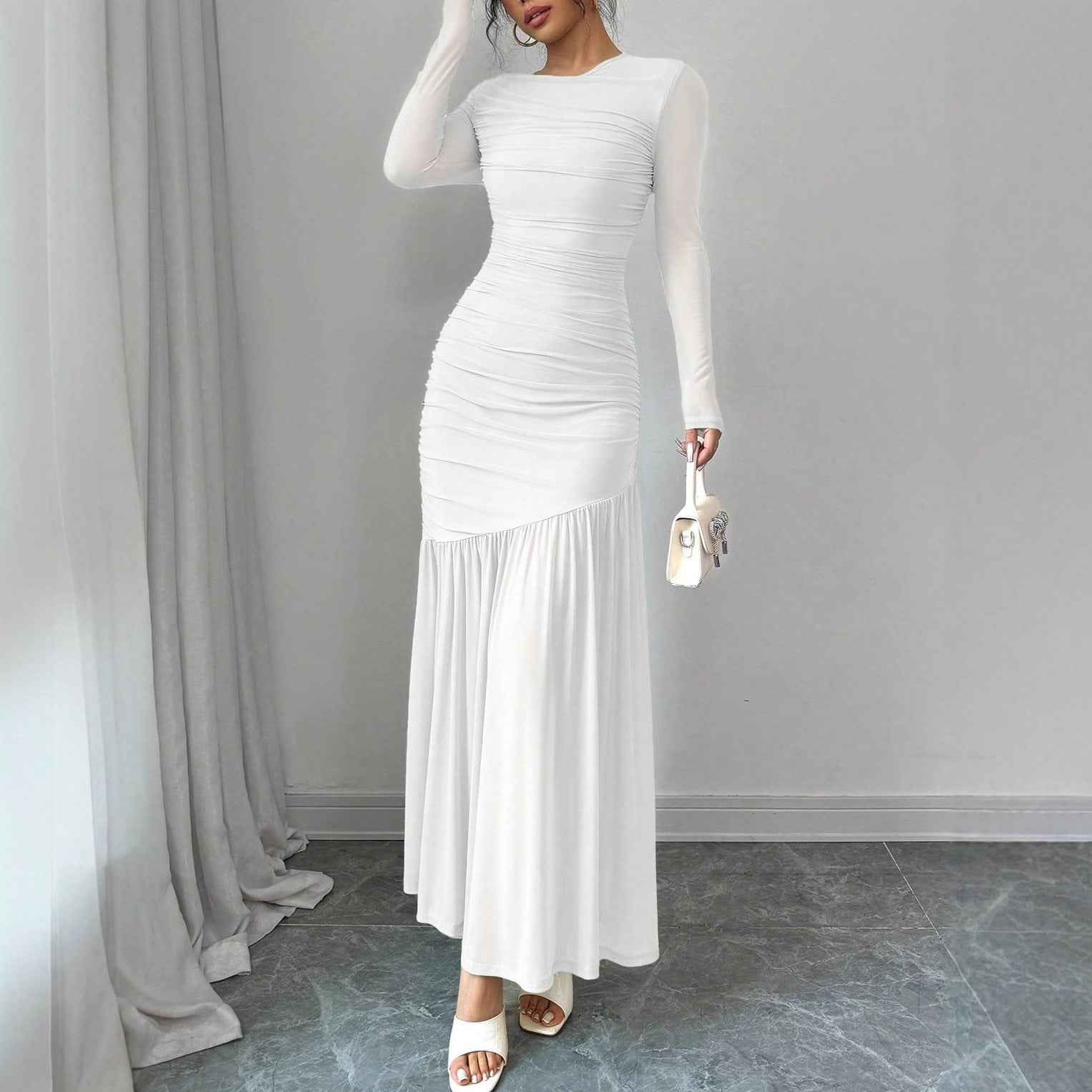 Fashionable Slim-fit Pleated Elegant Long-sleeve Dress