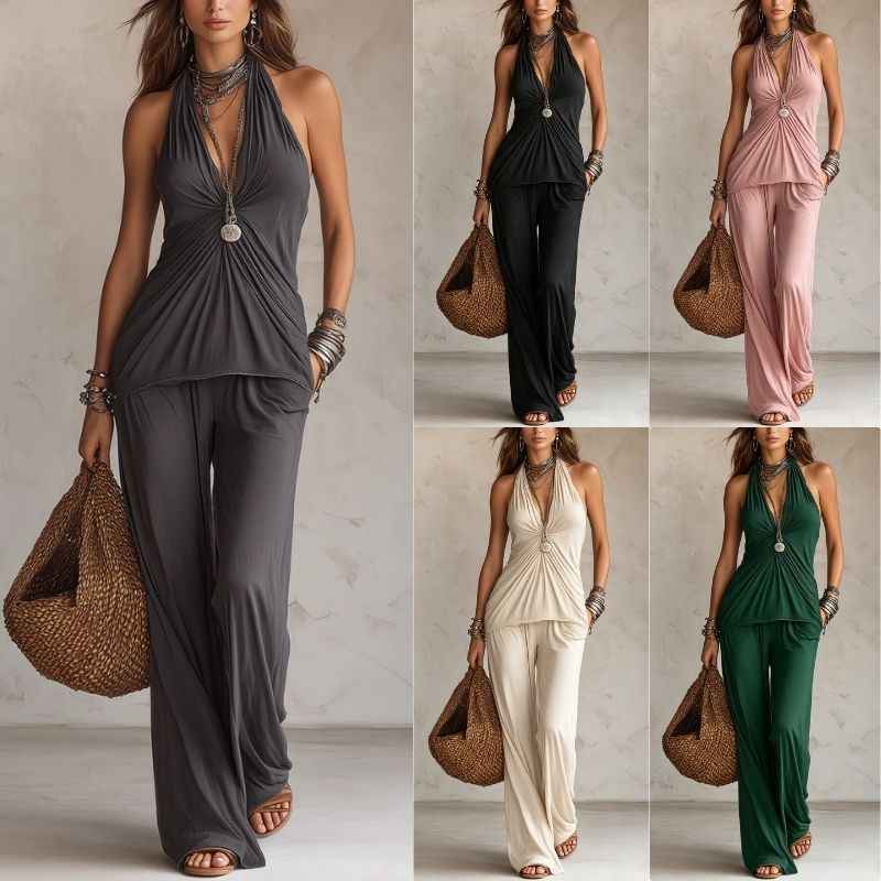 Sleeveless Halter Top And High-Waist Casual Pants Set