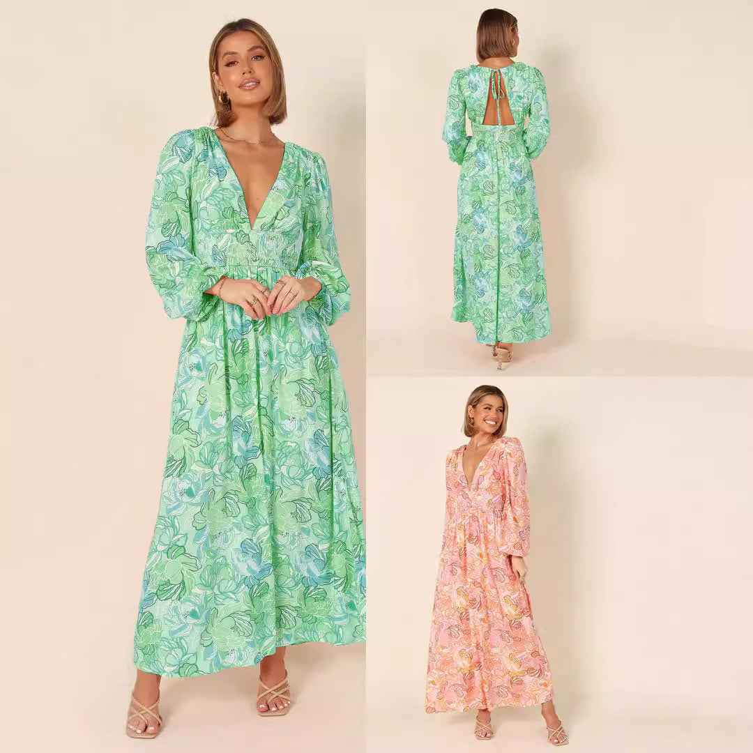 Women's High-Waist Long Dress – Wide Hem, Relaxed Fit | Pink & Green, S–XXL