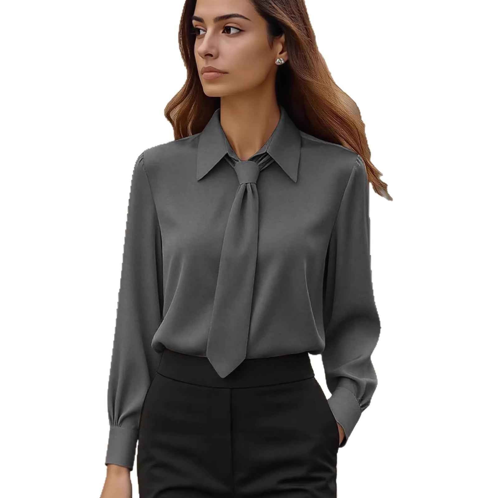 Womens Solid-Color Casual Tie Long-Sleeve French-Collar Shirt