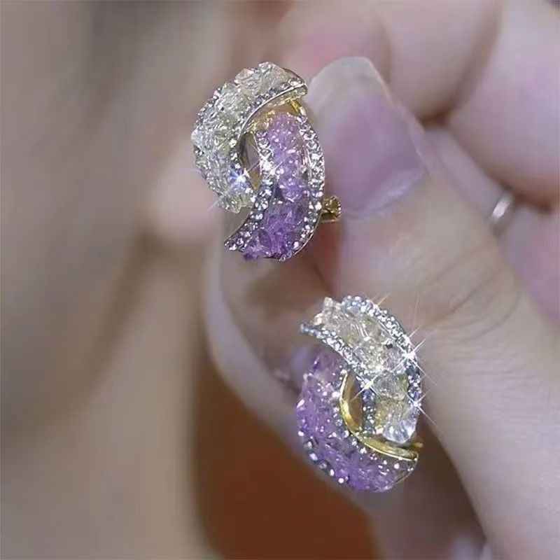 Trendy Purple Rhinestone Color Contrast Studs, Sparkling Niche Earrings For Women