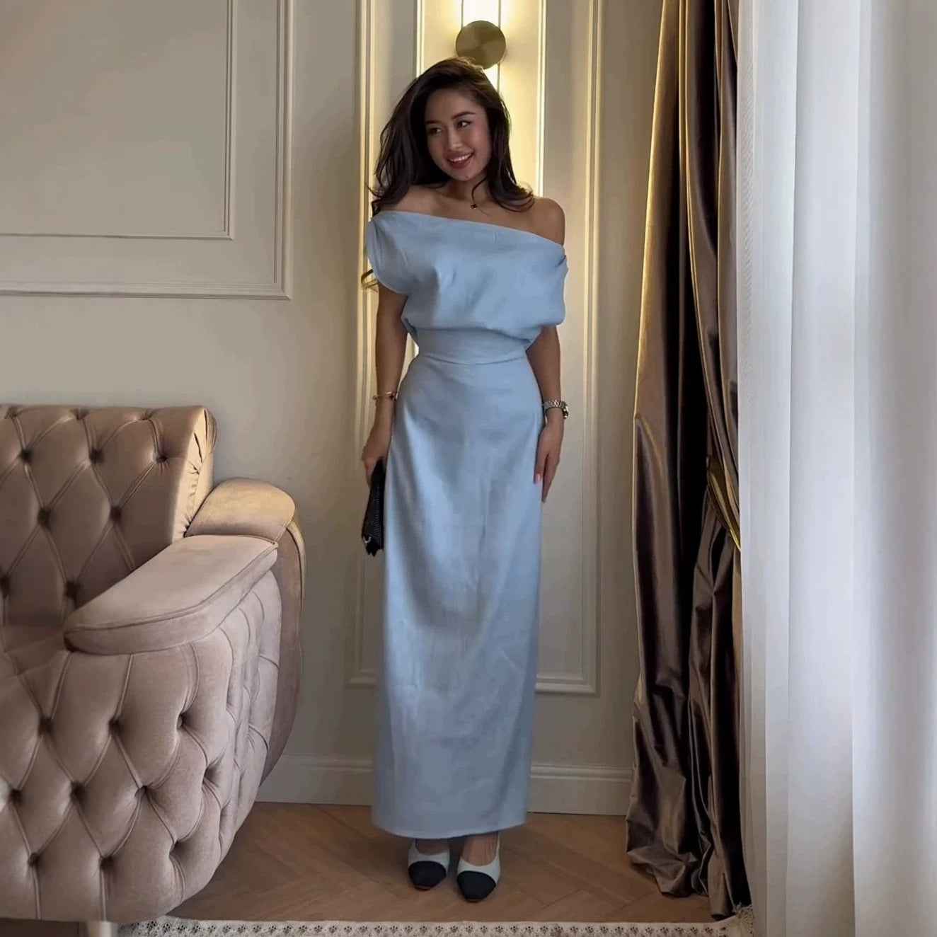 Solid-color Waist-cinching Casual Dress For Women