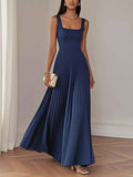 Elegant Pleated Midi Dress – A-Line Sleeveless Patchwork