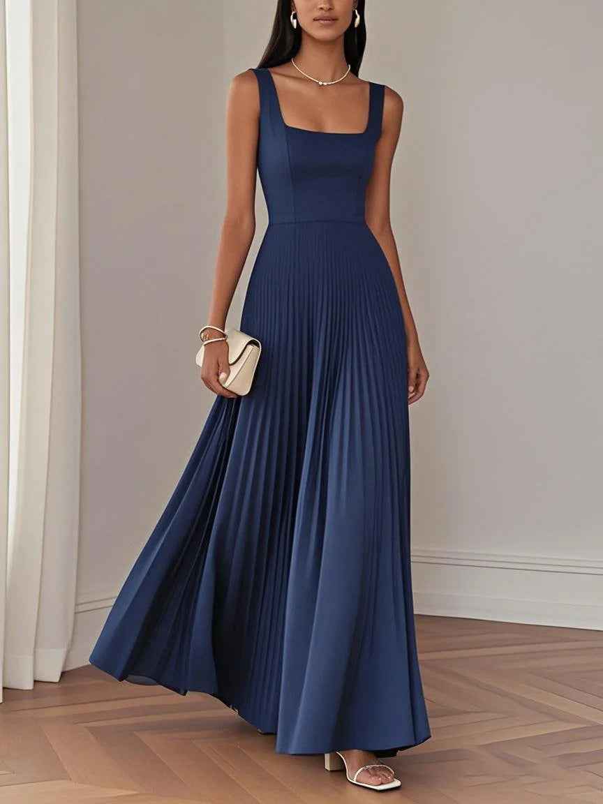 Elegant Pleated Midi Dress – A-Line Sleeveless Patchwork