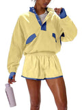Casual Versatile Stand-collar Loose-fit Color-block Patchwork Long-sleeve Top And Shorts Set