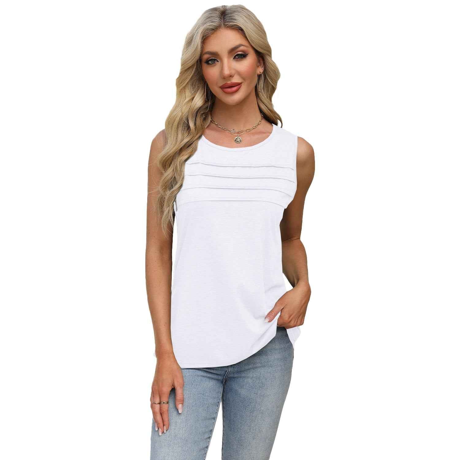 Solid-color U-neck Pleated Tank Top T-shirt