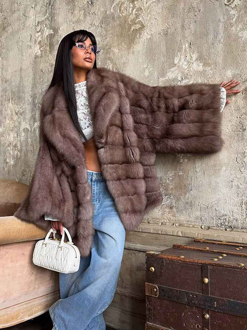 Elegant Color-blocked Fur Coat With A Lapel And Long Sleeves