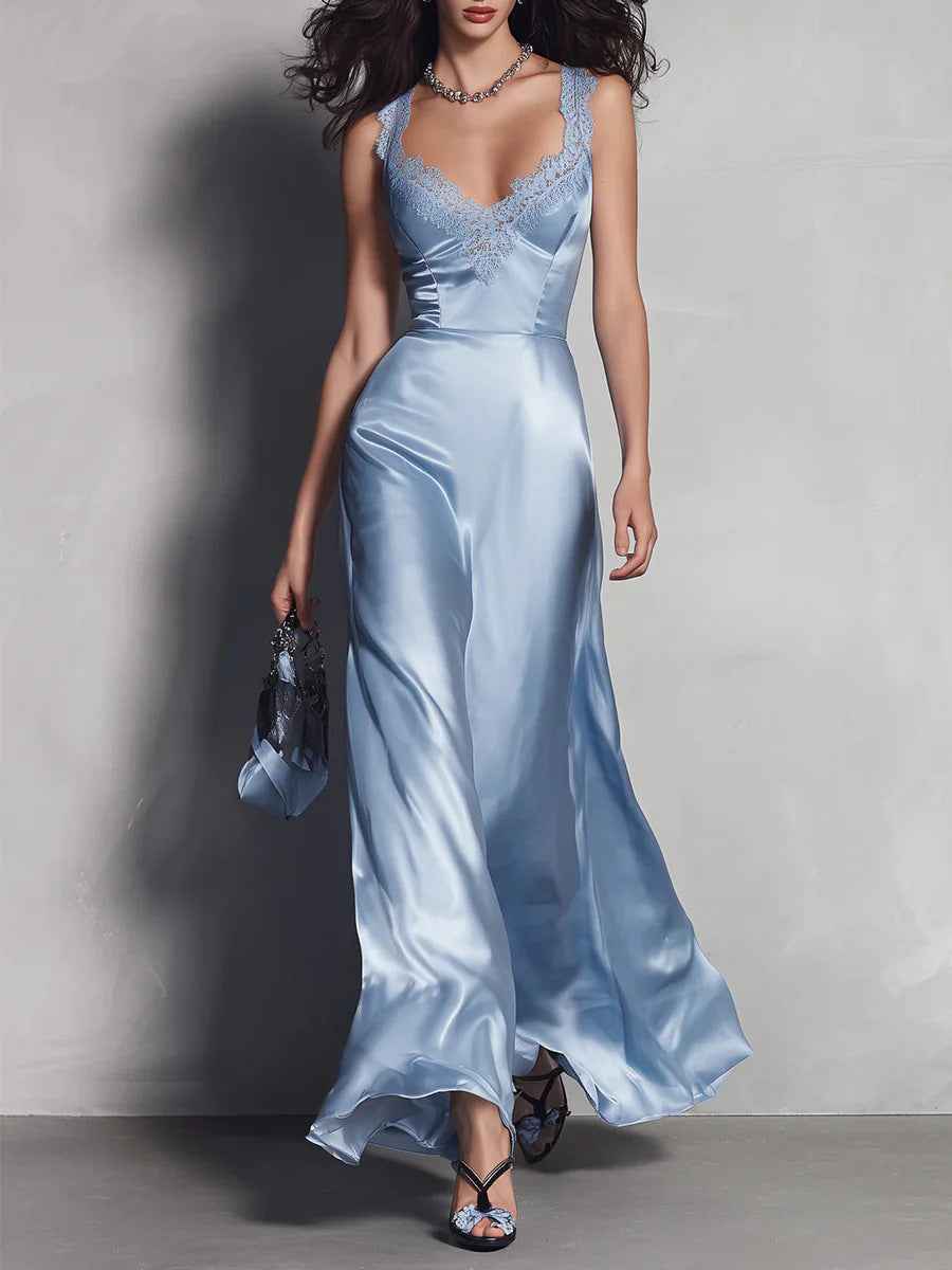 Sleeveless V-Neck Lace Trim Hollow-Out Maxi Dress