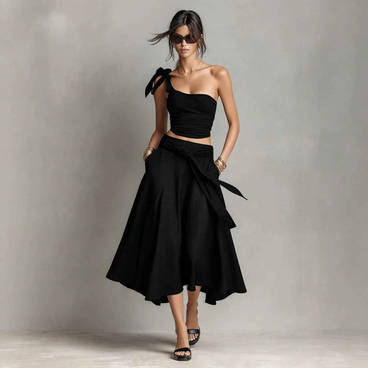 Off-Shoulder Strap Top With Slanted Shoulders High-Waisted A-Line Long Skirt Womens Set