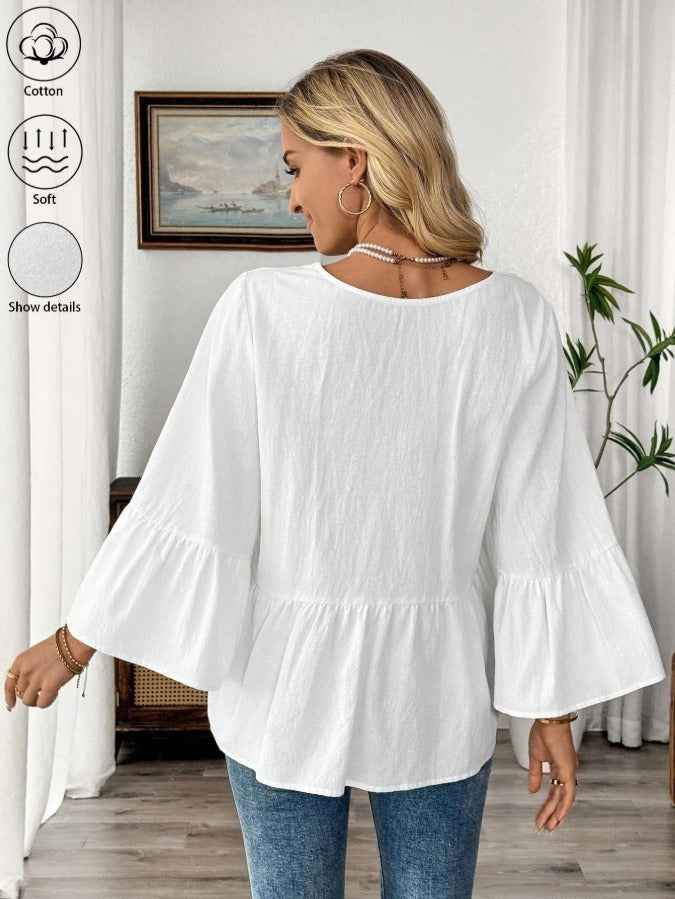 New Arrival Women's Solid Color V-Neck Ruffle Sleeve Blouse, Loose Elegant Casual Tops