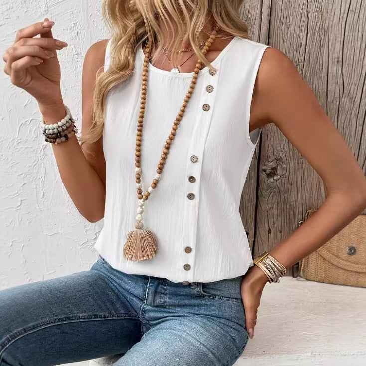 Round-Neck Loose Cotton Tank Top — White