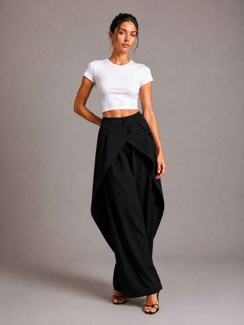 Asymmetric Cross Over Fold Waist Deconstructed Wide Leg Tailored Pants