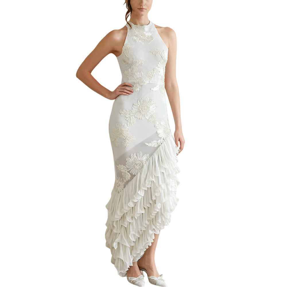 Sleeveless Off-Shoulder Embroidery Ruffle Dress