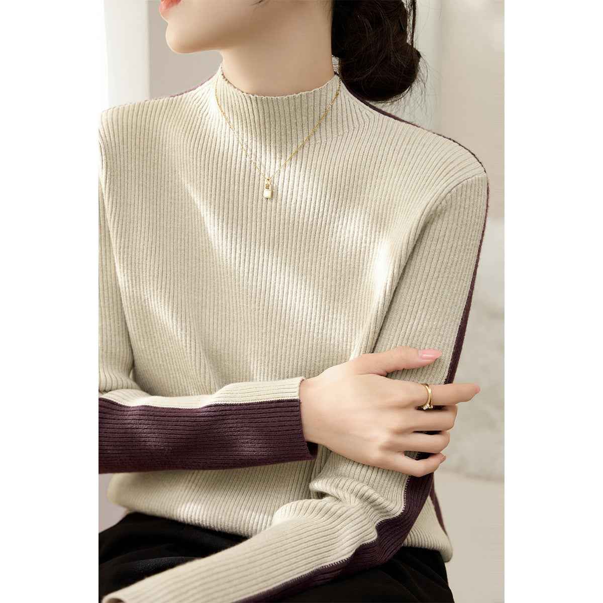 Mock Neck Reversible Sweater – Viscose Blend, Long Sleeve
