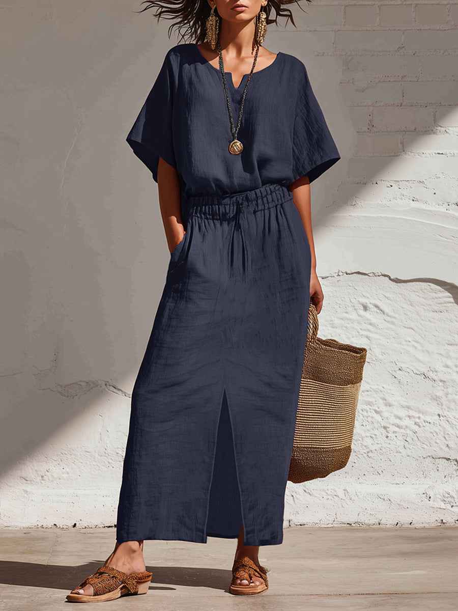 Boho Batwing V-Neck Top & Wide-Leg Maxi Skirt Two-Piece Set