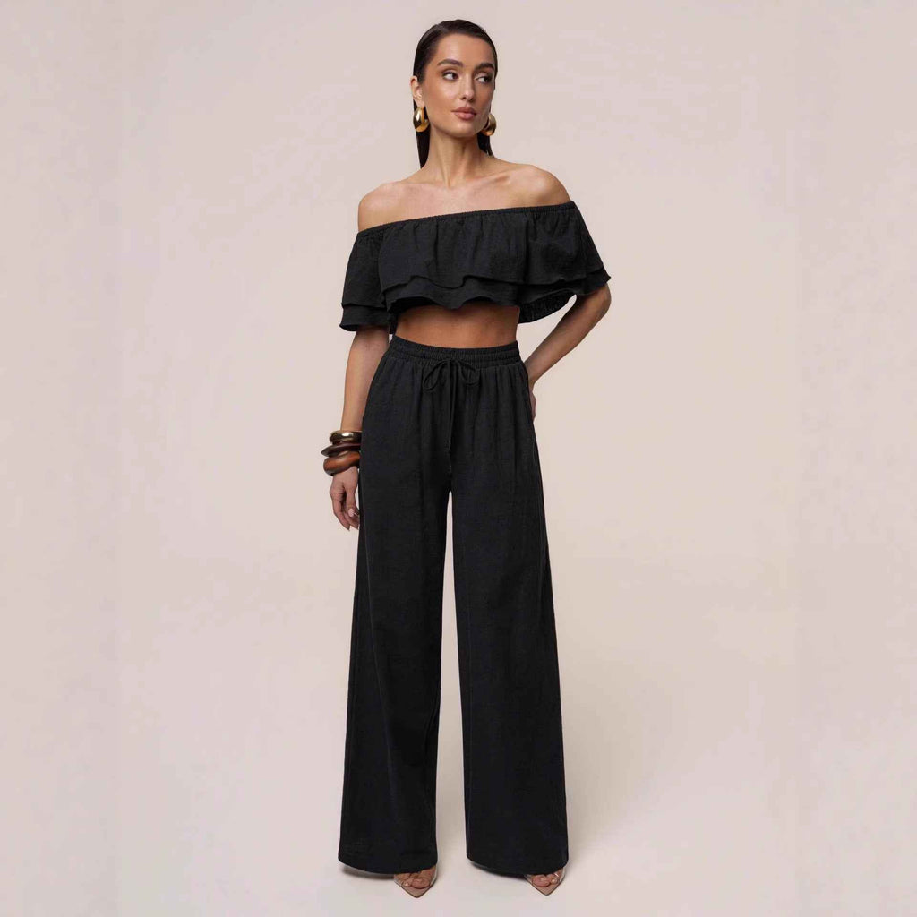 Off-Shoulder Top & Pants Set – Three-Quarter Sleeve Co-ord