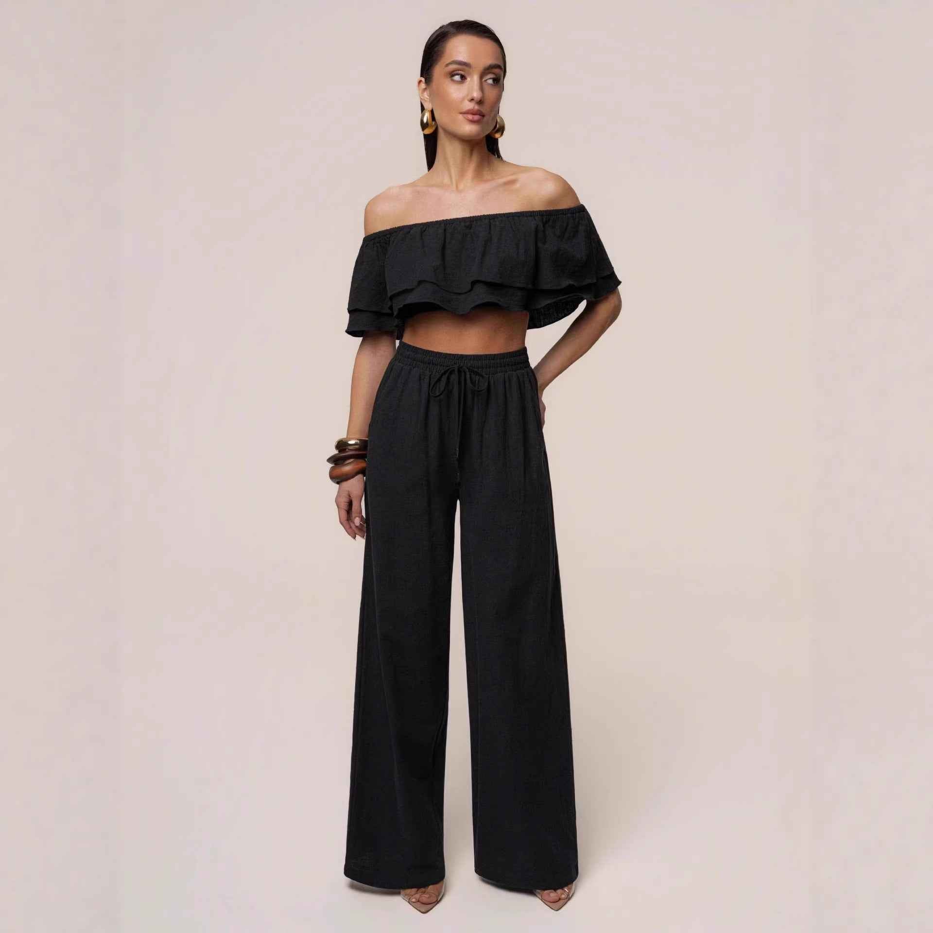Off-Shoulder Top & Pants Set – Three-Quarter Sleeve Co-ord
