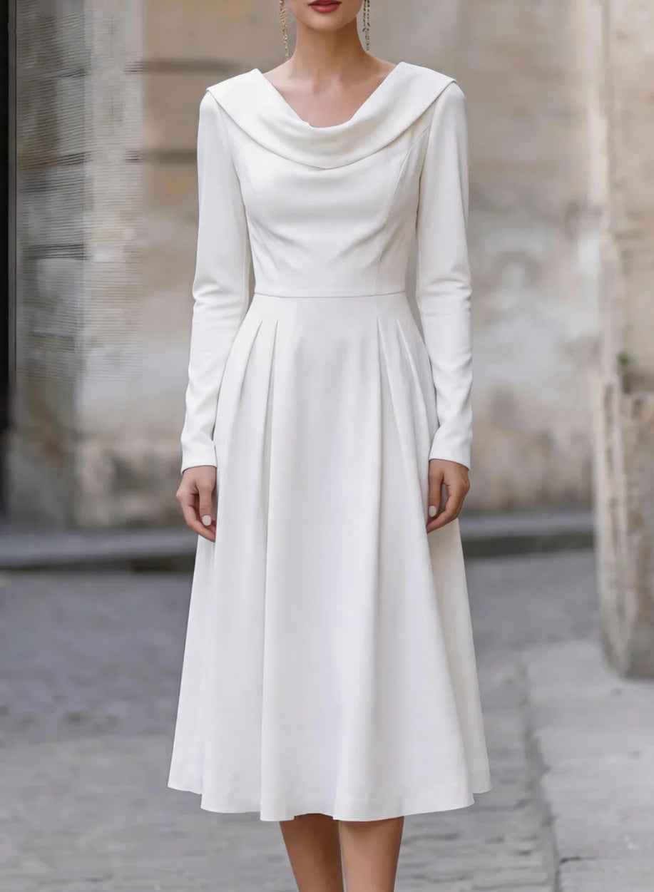Elegant Boat-neck Satin Long-sleeve Waist-cinched Midi Evening Gown
