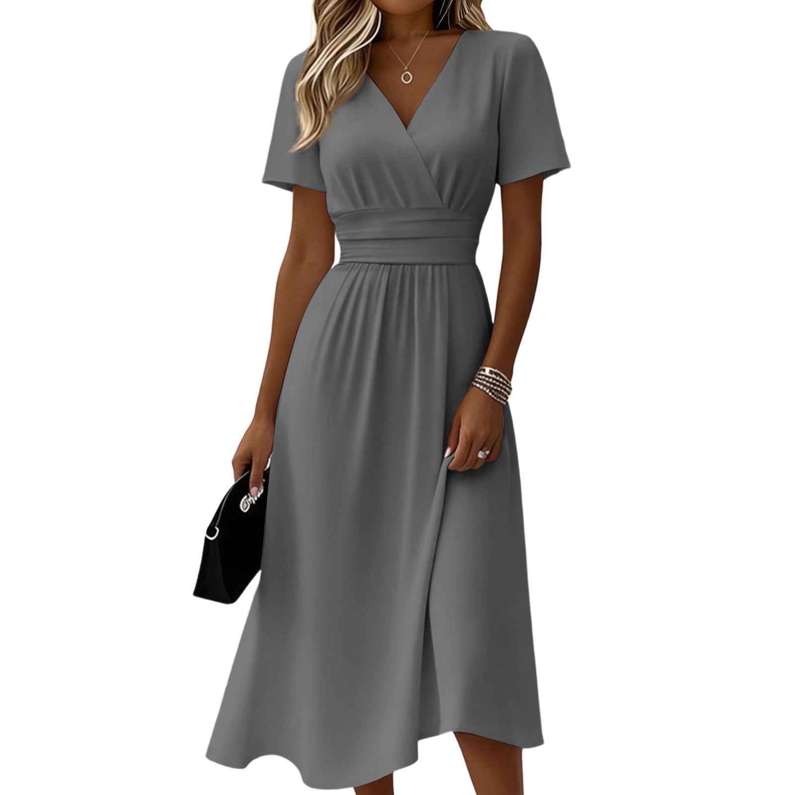 A-Line Pleated Midi Dress – V-Neck, Short Sleeve, High Waist, 14 Colours