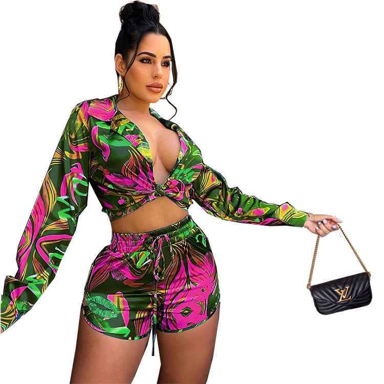 Printed Short-Sleeve Shirt And Casual Hot-Pants Set