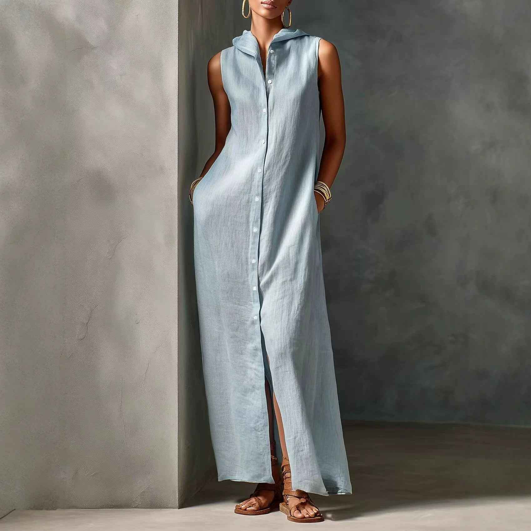 Womens Minimalist Linen-blend Hooded Sleeveless Single-breasted Maxi Dress