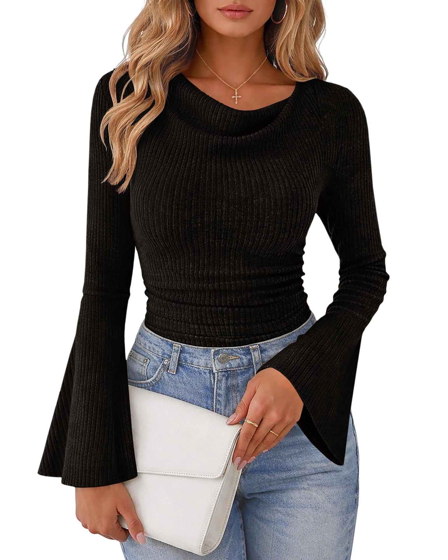 Womens Solid-Color Brushed T-Shirt With Flared Long Sleeves