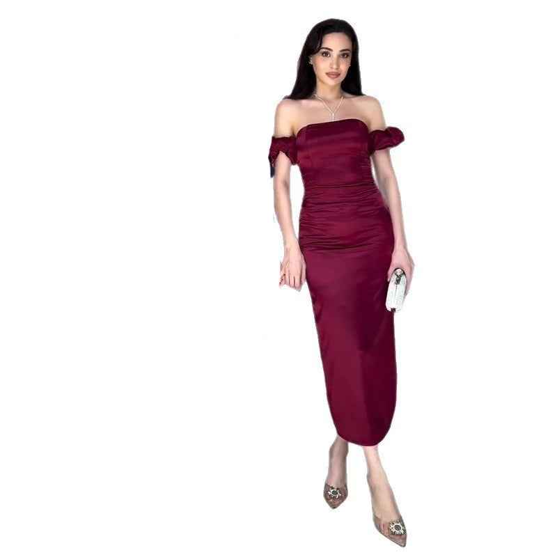Off-shoulder Set-in Sleeve Pleated Elegant Gown For Sophisticated Ladies