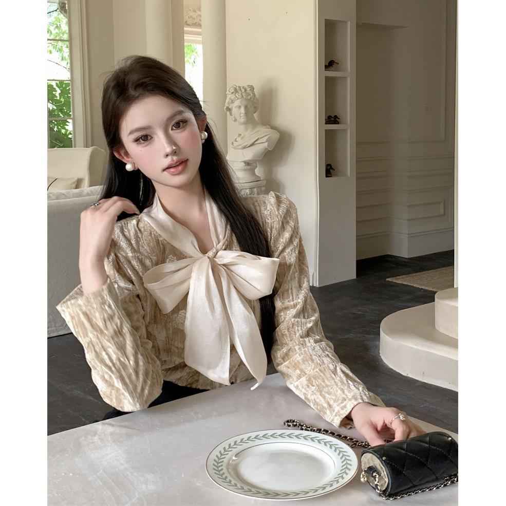 French-Style Bow-Tie Lace-Up Soft Satin Long-Sleeve Shirt