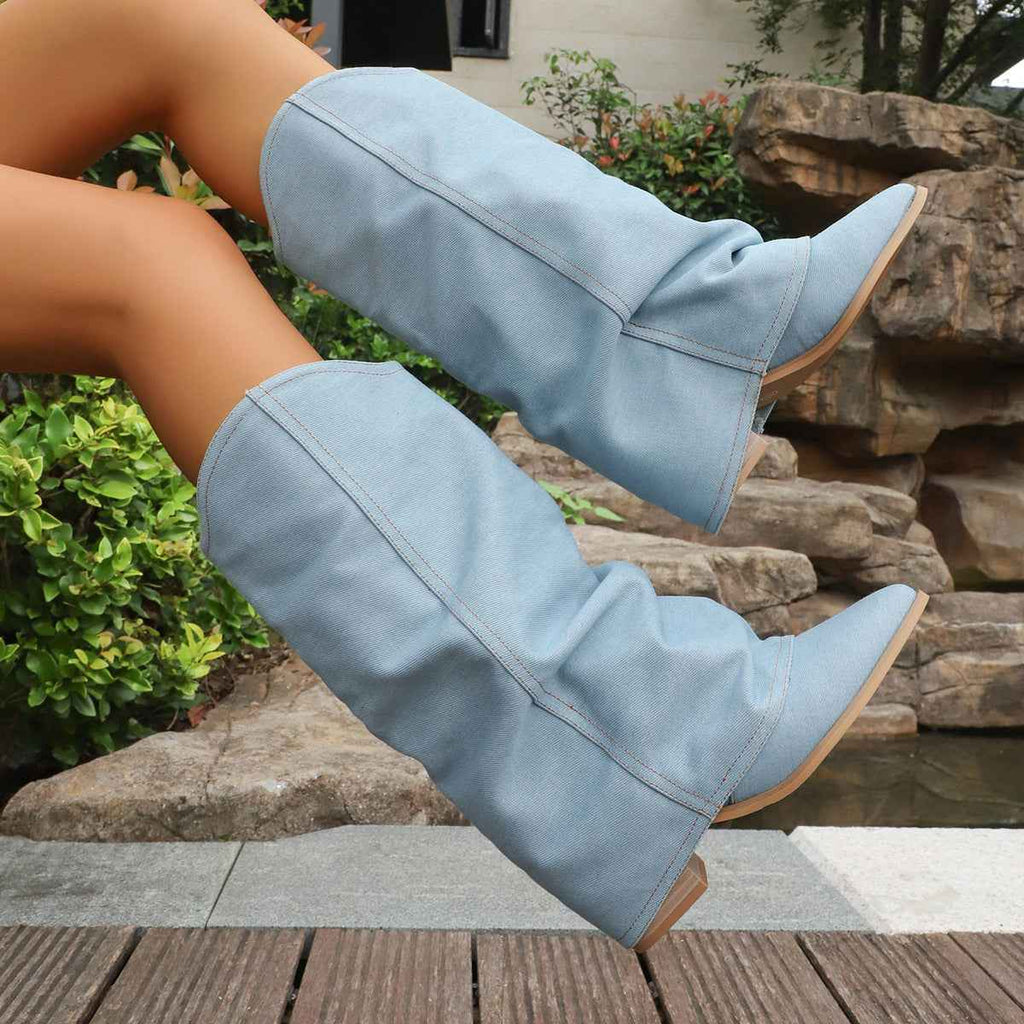 Chunky Heel Mid-Calf Boots — Pointed Toe, Light Blue