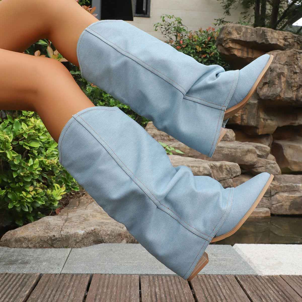 Chunky Heel Mid-Calf Boots — Pointed Toe, Light Blue