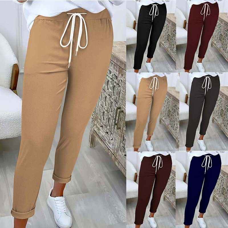 Women's High-Waisted Slim Cropped Trousers with Lace-Up Detail