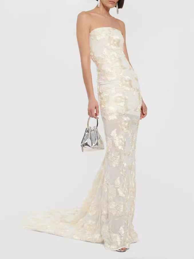 Strapless Floral Lace Appliqué Tulle Mermaid Gown with Train