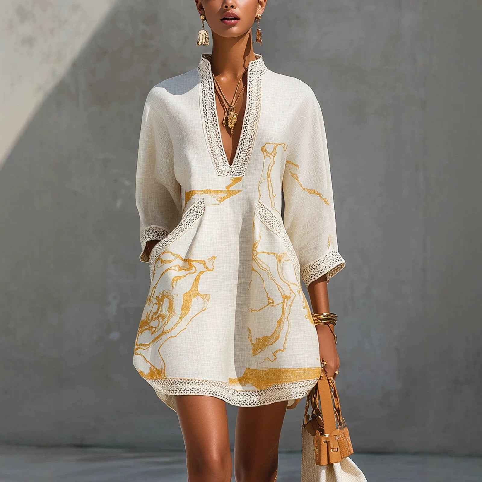 Printed V-neck Lace-trimmed Three-quarter-sleeve Mini Dress