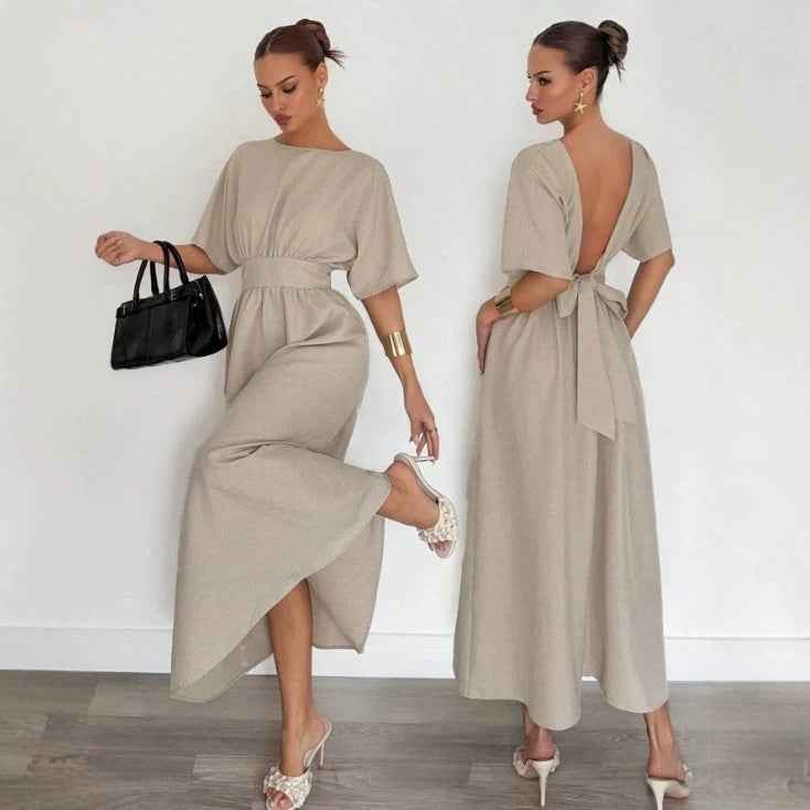 Solid Color Long Dress with V-back, Tie Waist & Flared Hem