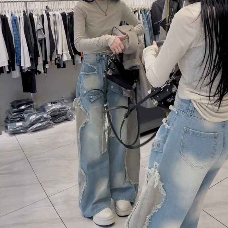 High-Waist Wide-Leg Denim Jeans — Loose Fit, Washed, With Pockets