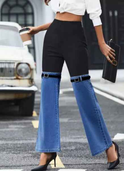 Knit Denim Patchwork Wide-Leg Pants — Elastic High Waist, 4 Colours