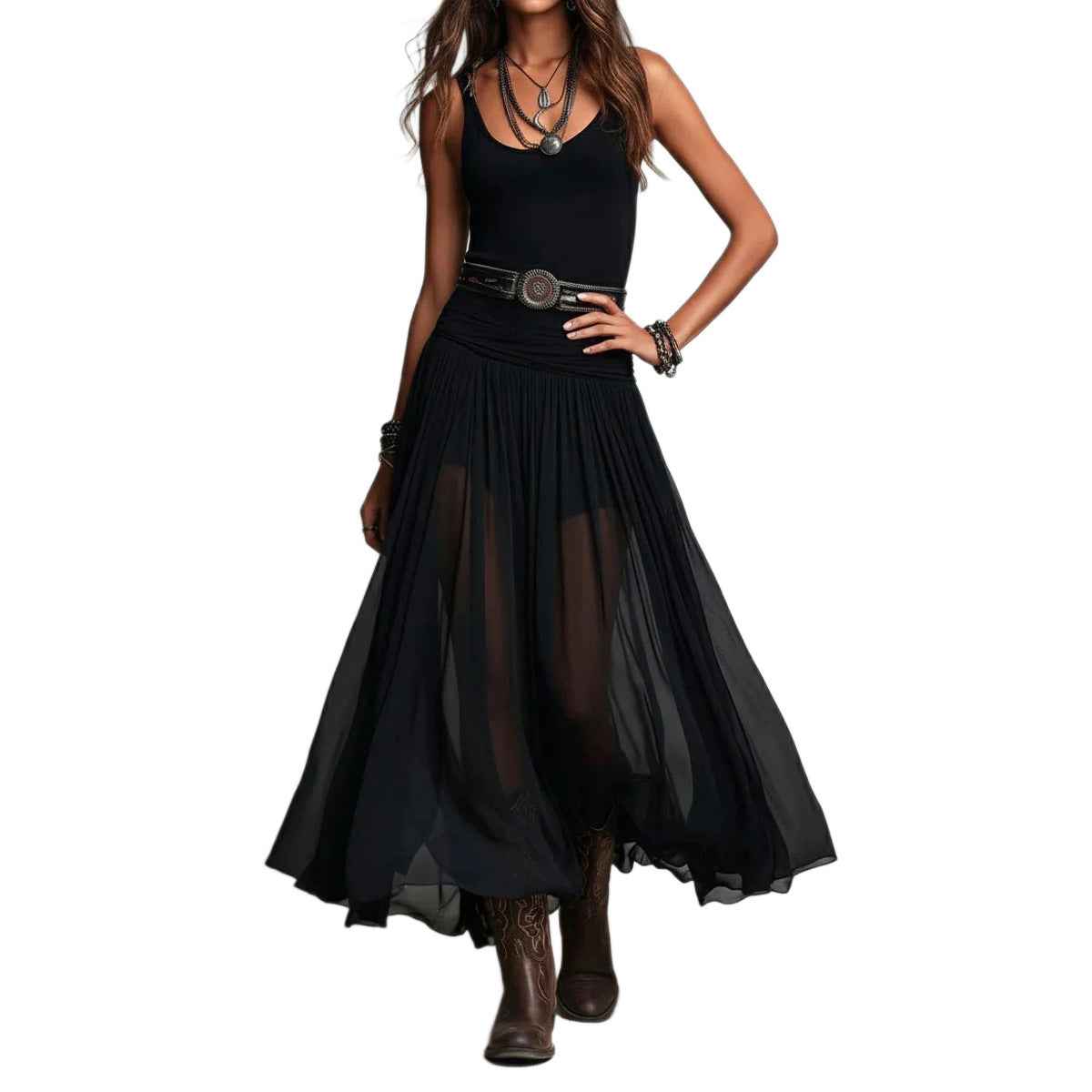 Sheer Pleated A-Line Sleeveless Maxi Dress