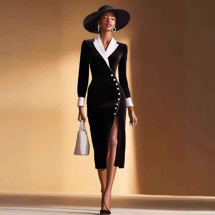 Office Lady Black Velvet Midi Skirt