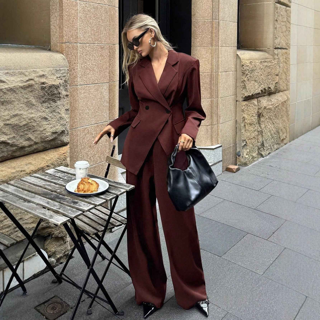 Reddish Brown Solid Colour Wide-Leg Pants Suit Two-Piece Set