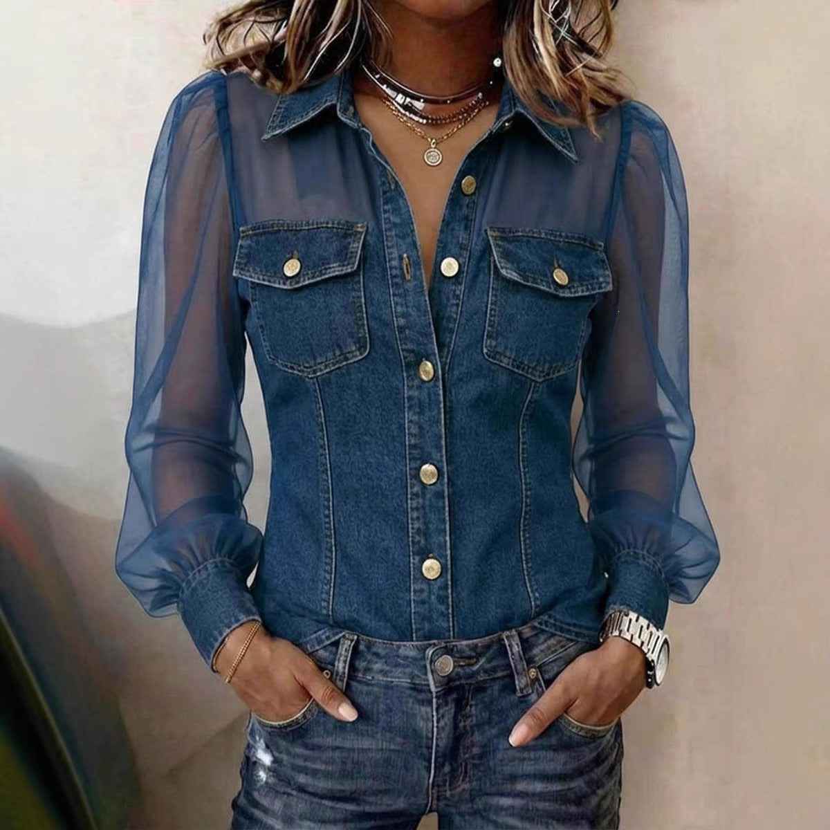 Women's V-Neck Lace Long Sleeve Top