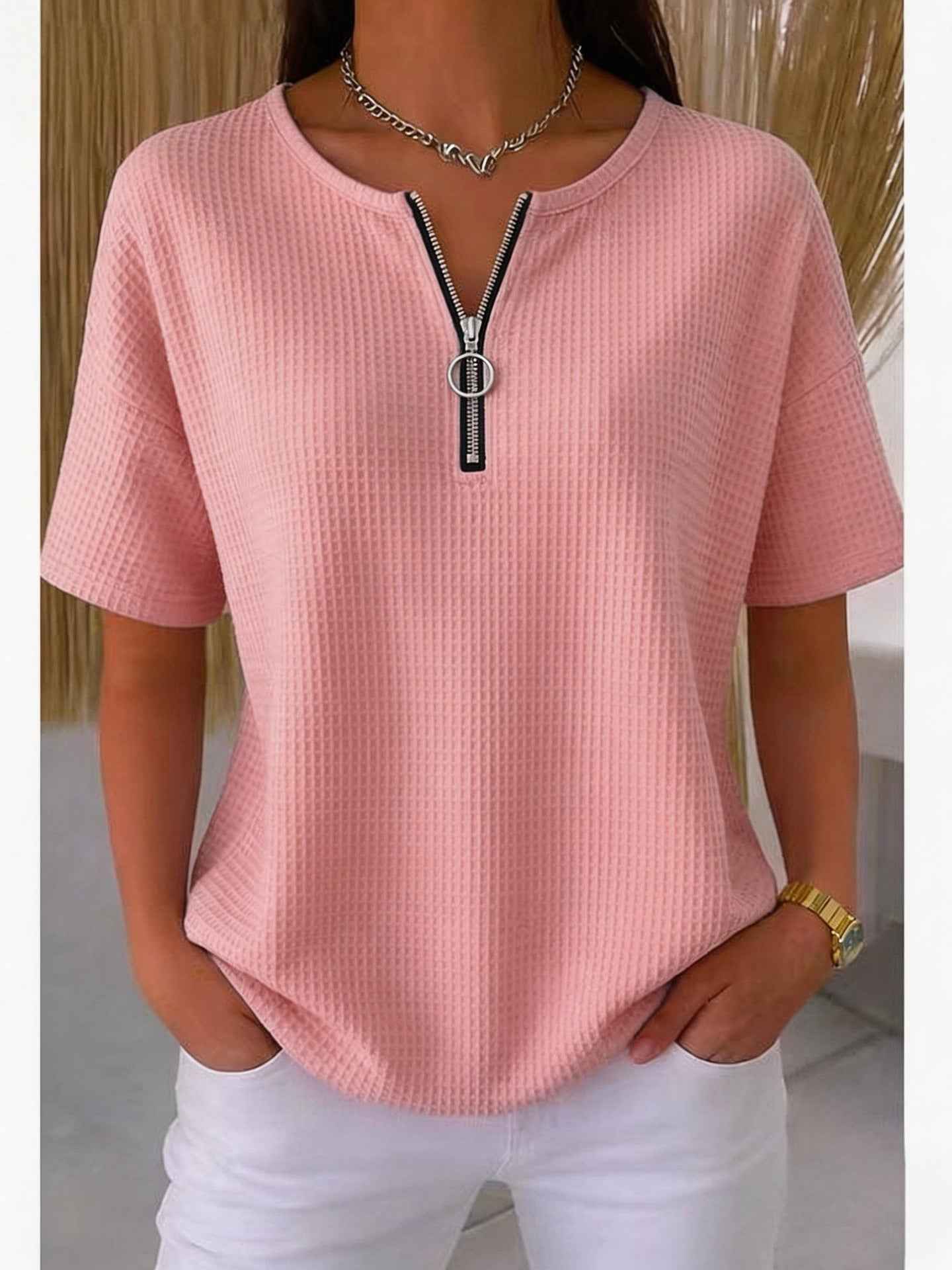 Women's Half-Zip Waffle-Knit Top – Short Sleeve, Regular Fit