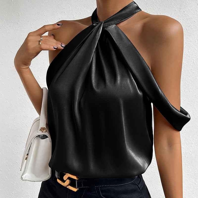 Backless Satin Halter Top — Sleeveless, Black & Emerald, S–XL