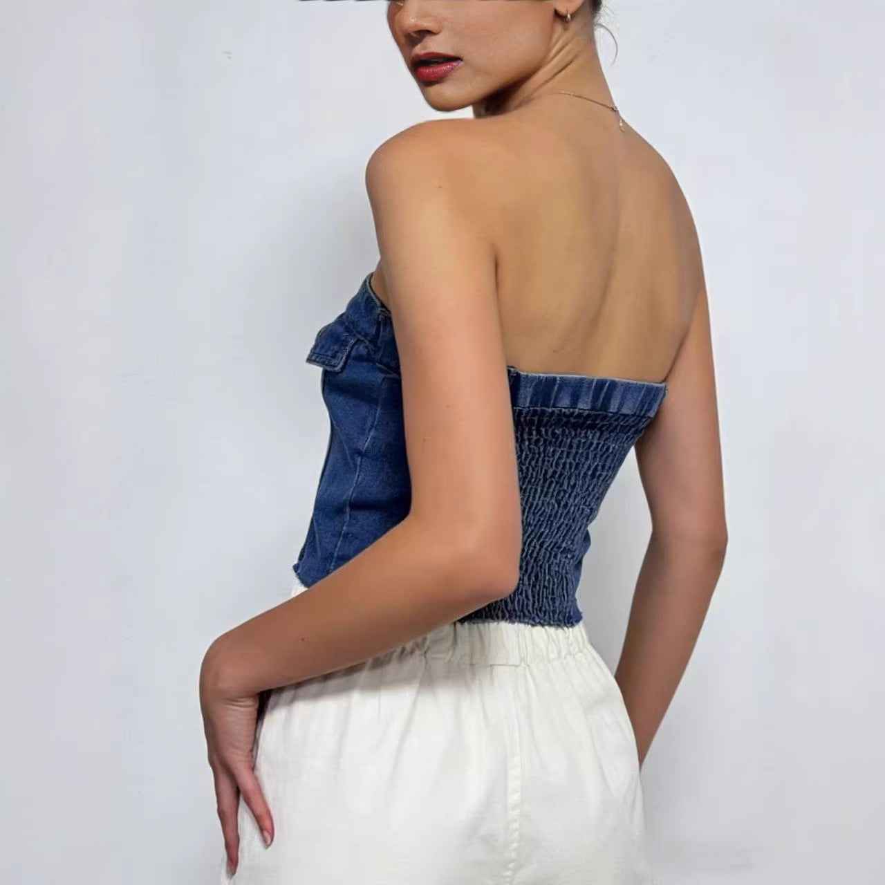 Womens Short Blue Slim-fit Denim Tube Top