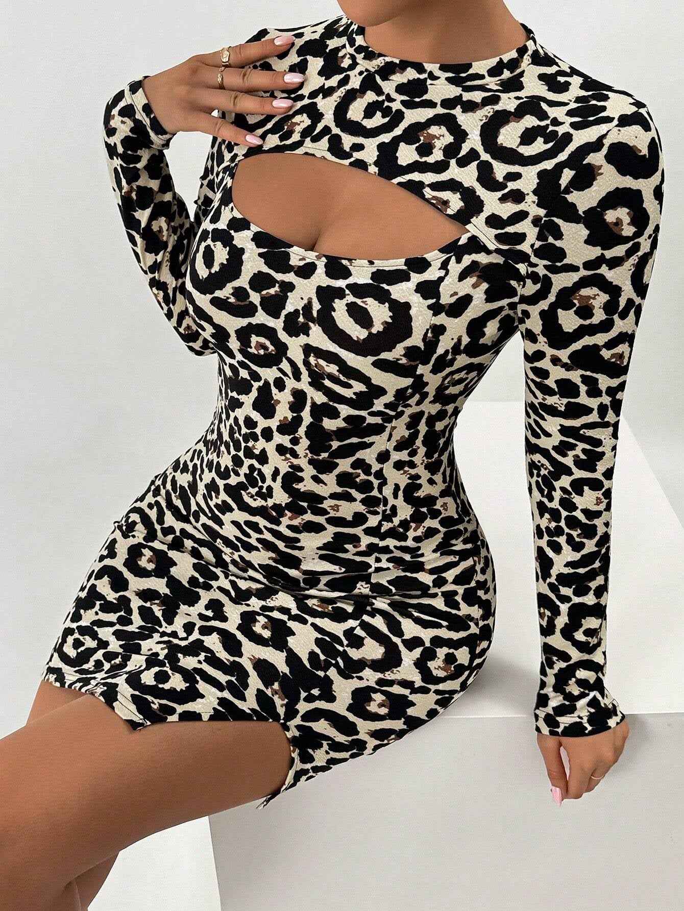 Women's Leopard Print Bodycon Midi Dress — Hollow-Out Slit, S–XL
