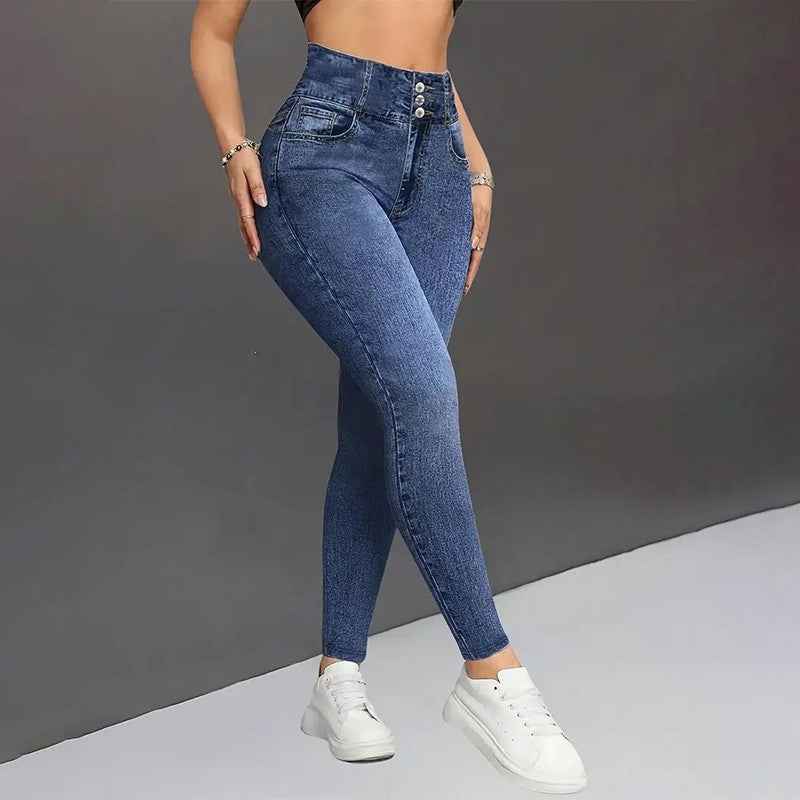 European And American Denim-like Printed Tight Trousers