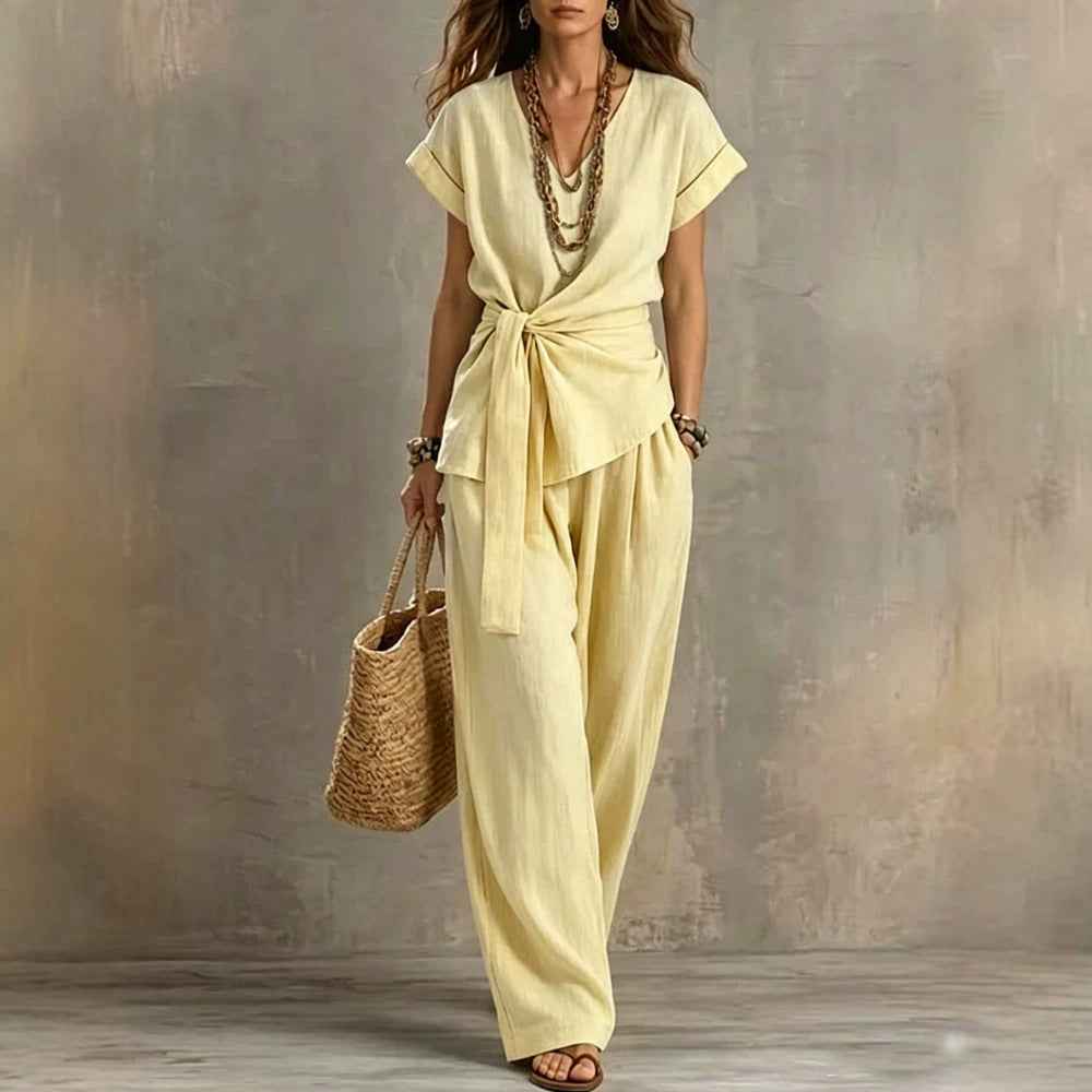 Women's 3/4 Sleeve Cotton-Blend Top & Long Pants Co-Ord Set — 4 Colours