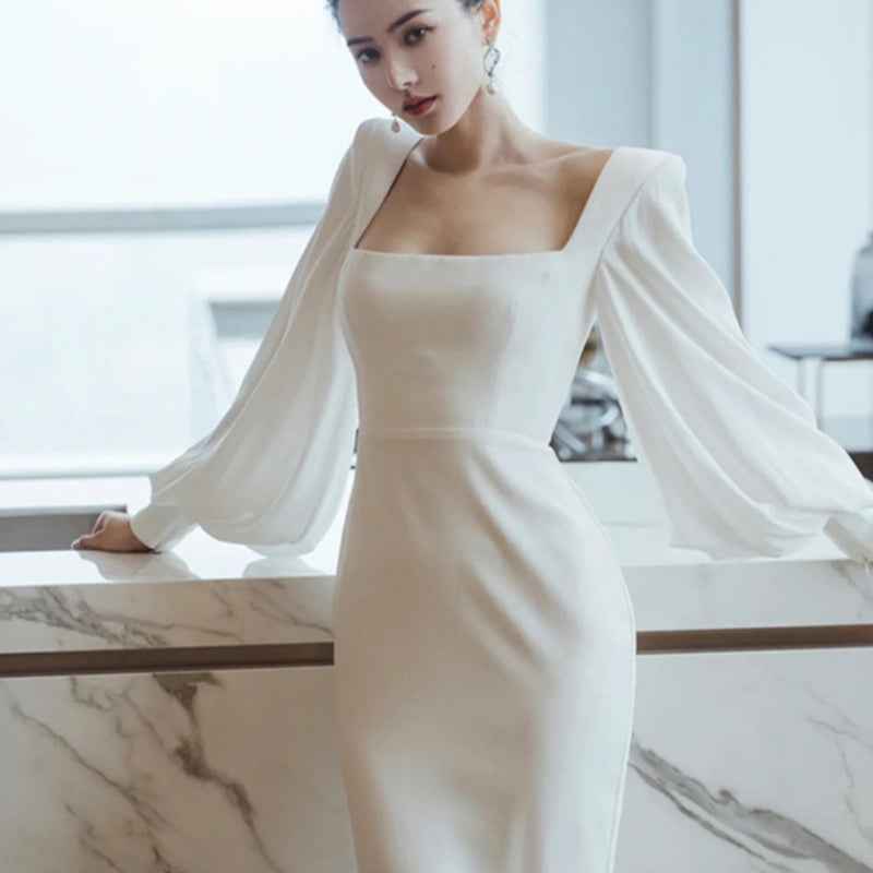 French Minimalist Mermaid Midi Dress – Lantern Sleeve