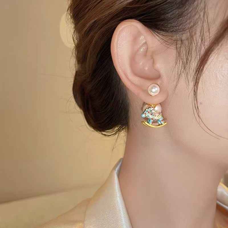 Year Of The Horse Pearl & Enamel Horse Earrings, Light Luxury Niche Autumn Winter Jewelry